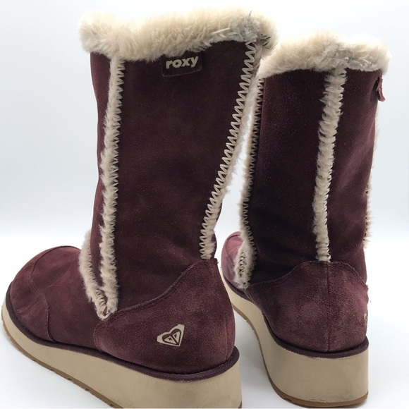 Y2k Roxy Idaho Maroon Leather Faux Fur Slip On Boots 2000's Women's Sz 8 Shoes - Picture 2 of 9